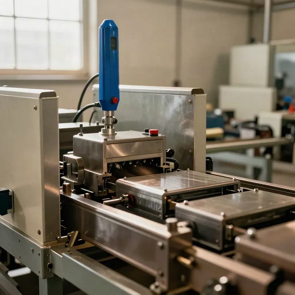Industrieanlage mit Schutzvorrichtung, Signalleuchte und bewegter Fördertechnik im hellen Werk.