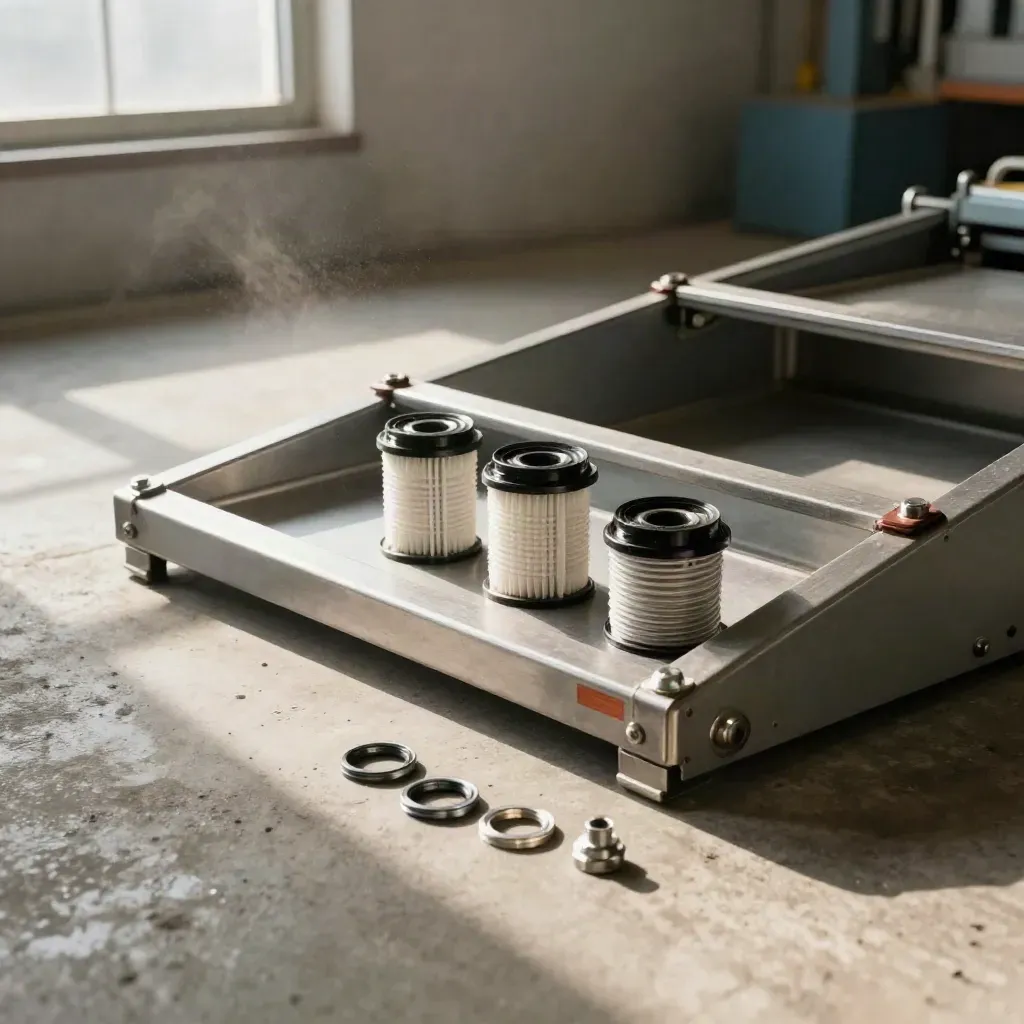 Offene Wartungsklappe an einer Produktionsmaschine mit neuen Filtern und Ersatzteilen auf Betonboden