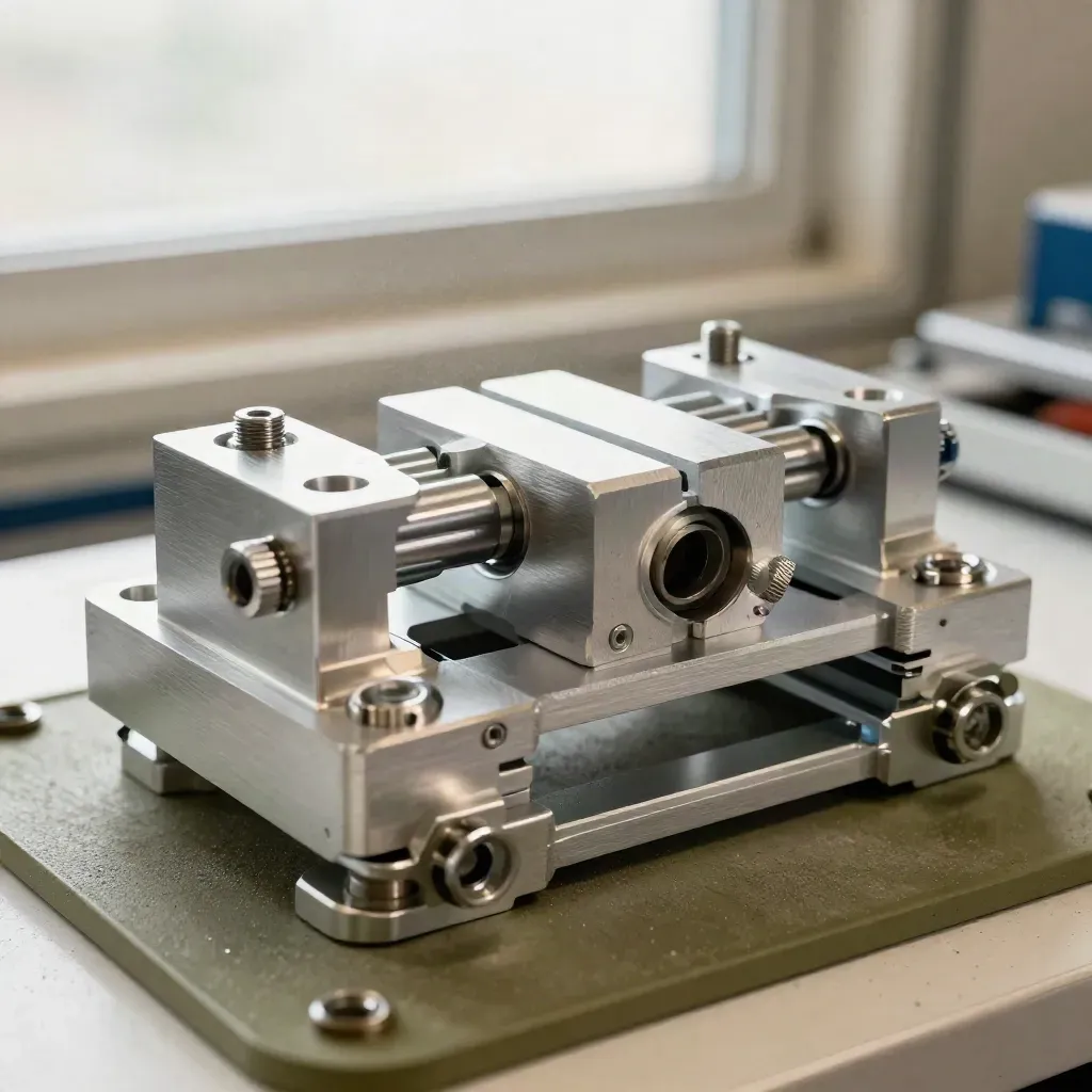 Aluminium-Prototyp mit Pneumatikzylindern und Klemmblöcken auf heller Montagebank.