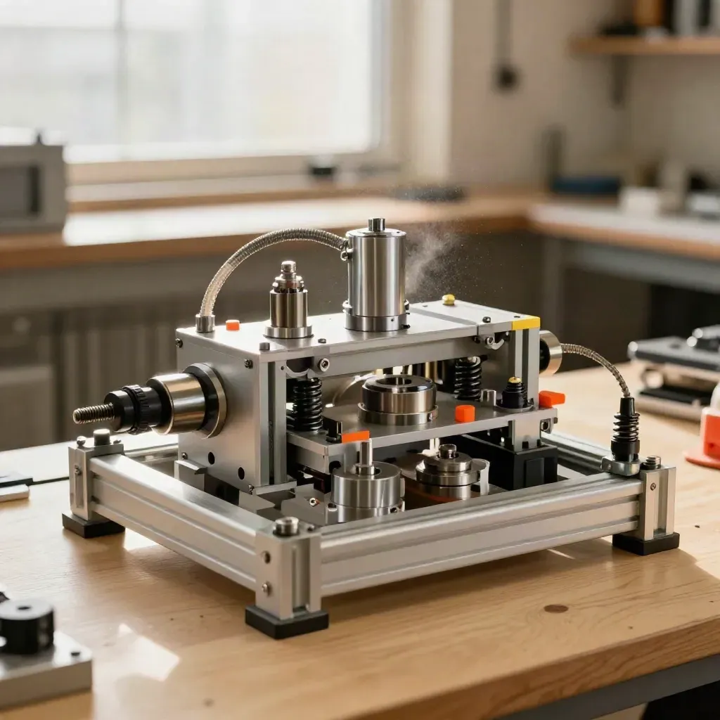 Modularer Prüfaufbau aus Aluminium, Pneumatikzylindern und Teilen auf heller Werkbank.