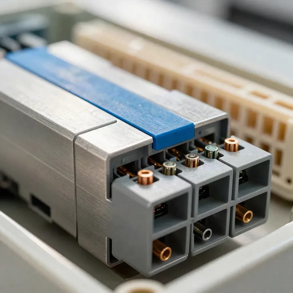 Makro von PLC-Eingangsmodulen, Aderendhülsen und Klemmen auf gebürstetem Aluminium.