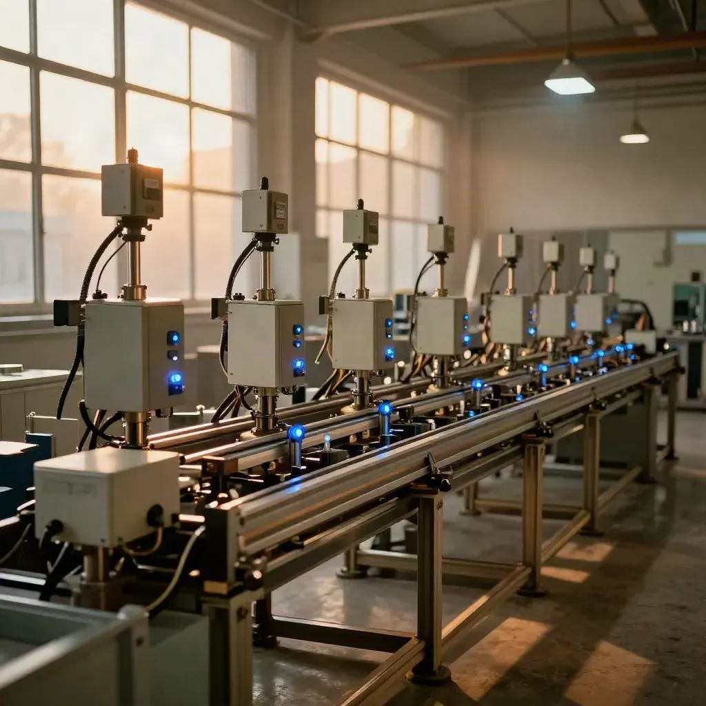 Leere Industrieanlage mit Sensorstationen, sauberer Kabelführung und blauen Statuslichtern.