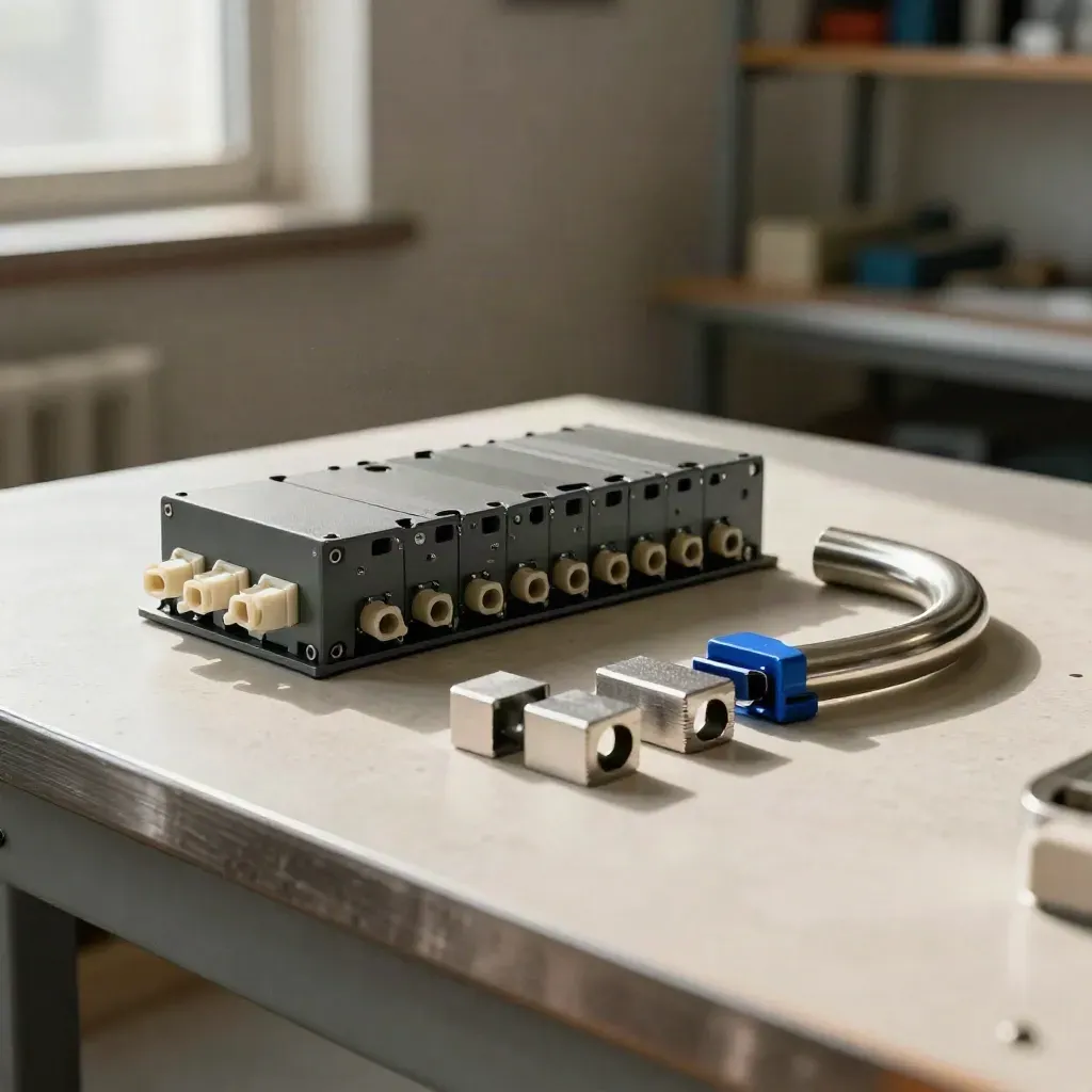 Relaismodule, Kabelbinder, Distanzblöcke und ein Rohrbogen auf heller Werkbank im Seitenlicht.