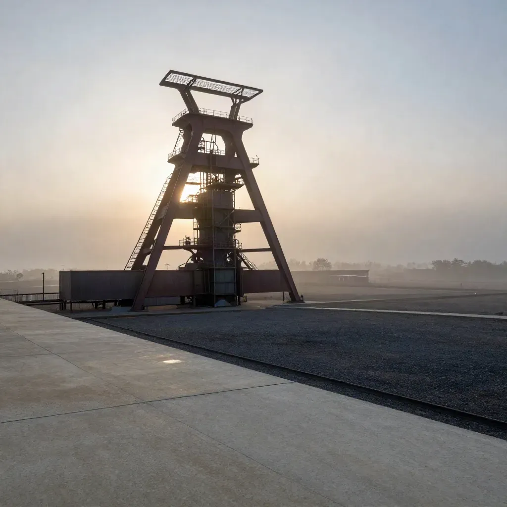 Zollverein-Stahlgerüst im Nebel über ruhigem Industrieland im Ruhrgebiet.