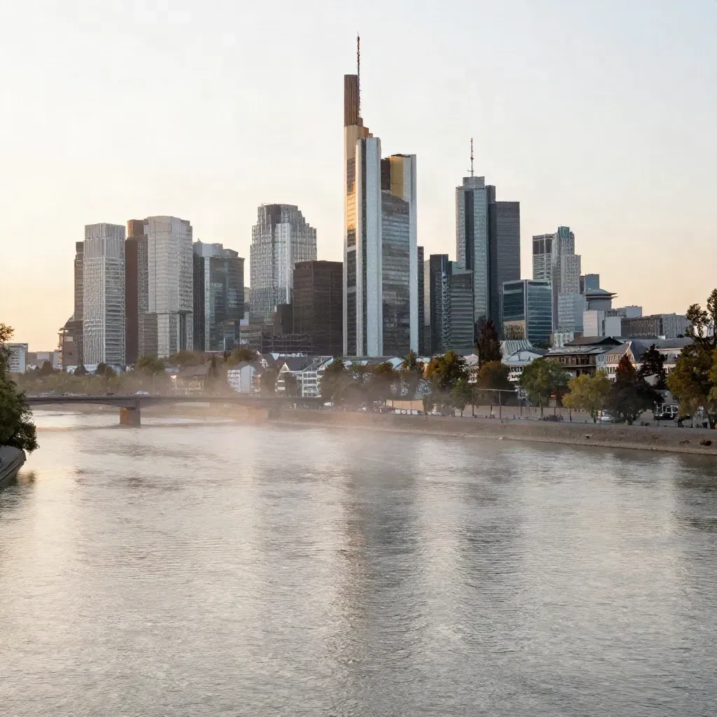 Frankfurter Skyline über dem Main im warmen Abendlicht und Sommerdunst