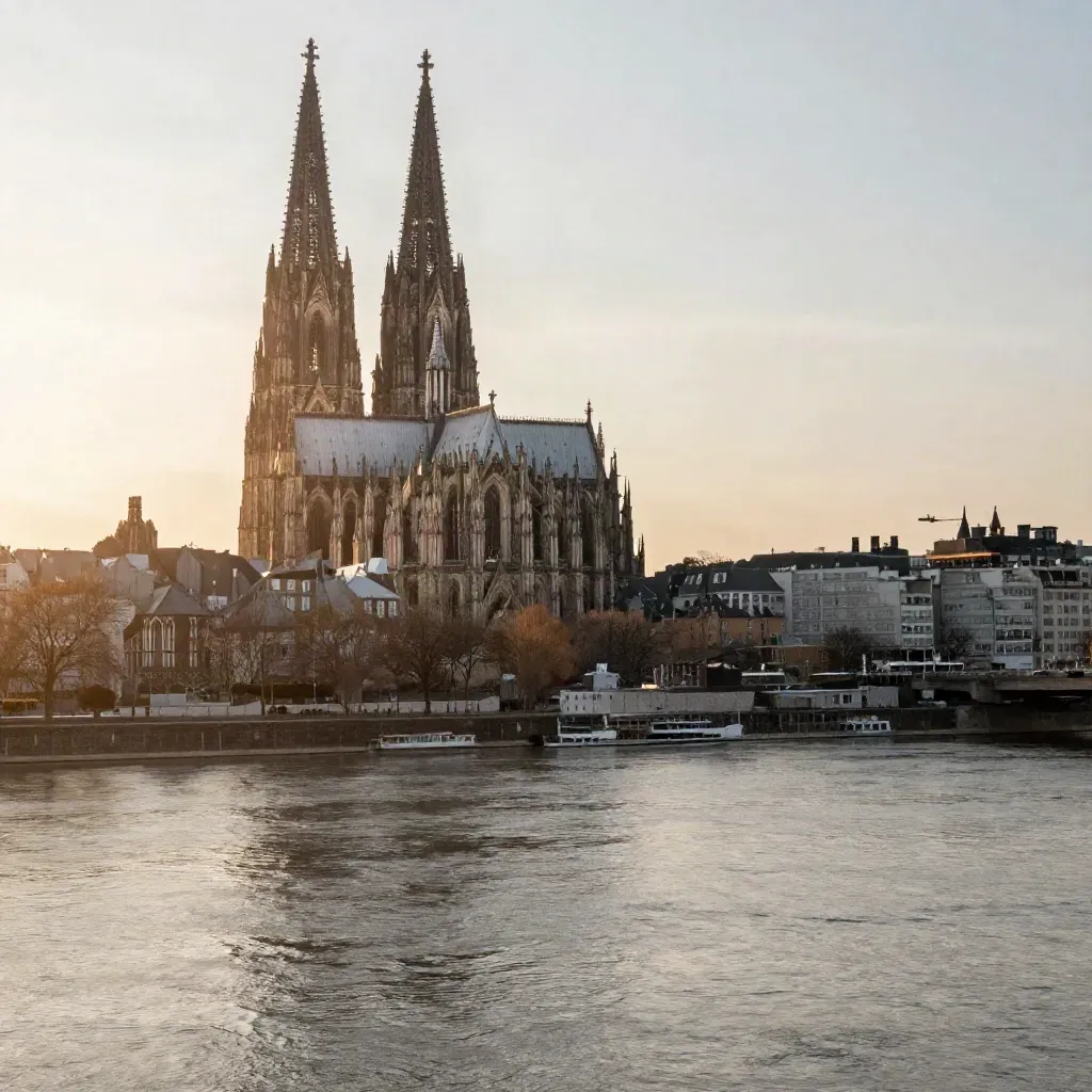 Kölner Dom über dem Rhein im goldenen Abendlicht, weich im Dunst, mit ruhiger Fläche unten