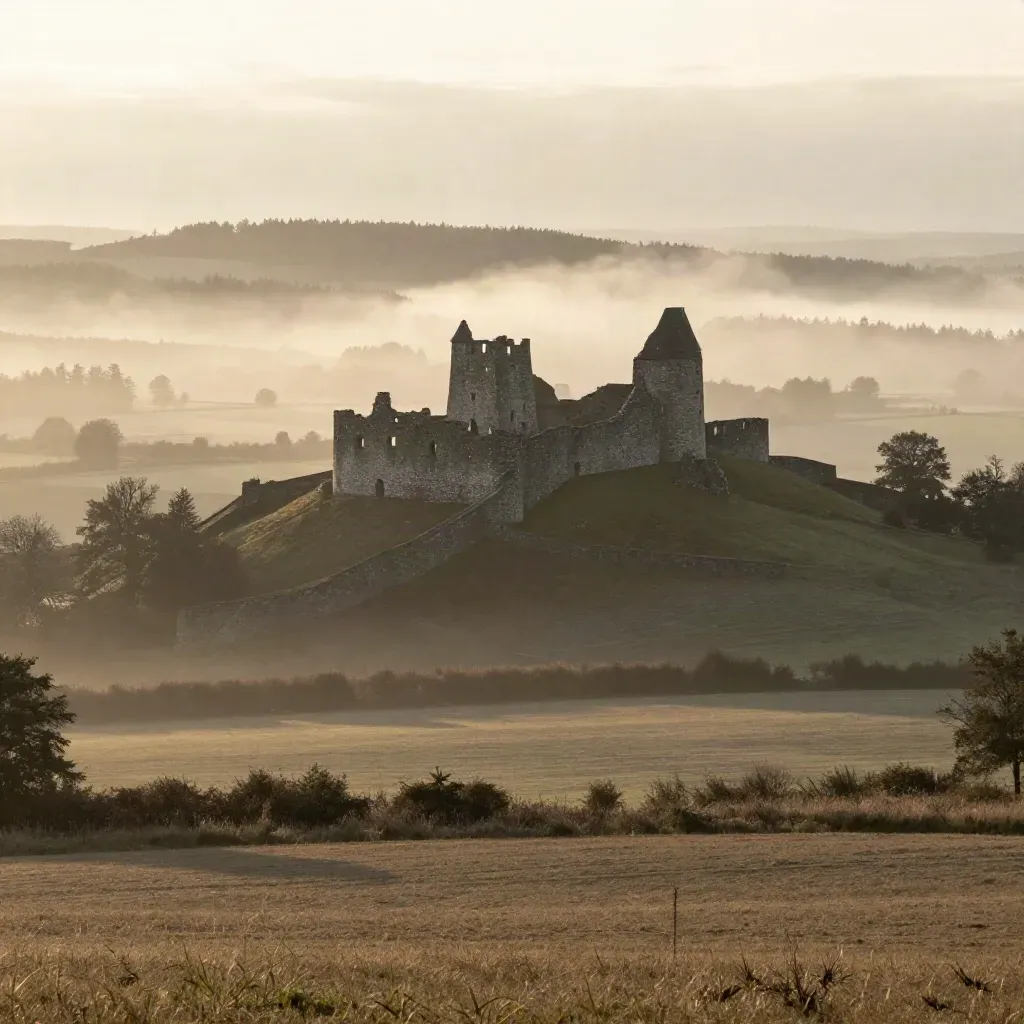 Sparrenburg über dem Teutoburger Wald im Nebel, mit weiten Feldern im Dunst